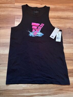 adidas Men’s Black Tank Top with Pink Logo and Blue Water Graphic